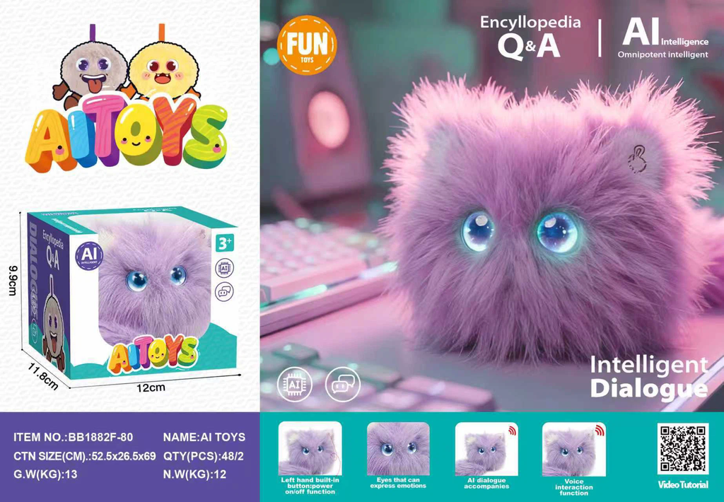 Multi‑Language AI Interactive Fluffy Lavender Cat Plush Doll, Phone Connectable, Expressive Movable Eyes